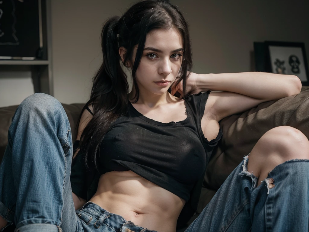 emo girl with pale skin, a pony tail, huge breasts, black t-shirt with a skull imprint, and tattered jeans looking shyly at the camera, looking shyly at the camera, looks at the camera, looks at the camera, showing her tits, shirt up, show tits