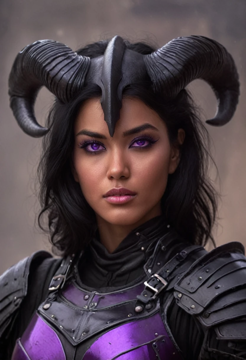 a portrait of a beautiful human woman in her early 20s with bright violet eyes, long black ram horns, wolf cut black hair, tan skin, angular features, bright violet eyes, wearing fine medieval black armor without a helmet, character portrait by senior character artist, Artstation, fantasy art, stunning character art, fantasy concept art portrait, epic exquisite character art, character portrait art, fantasy character portrait, fantasy female portrait, character concept art portrait, character art portrait, beautiful woman, (muted natural colors: 1.3), 1 critical role, human ears, muscular, wearing fine medieval black armor without a helmet, evil female sorcerer, make the irises of the eyes bright violet in color