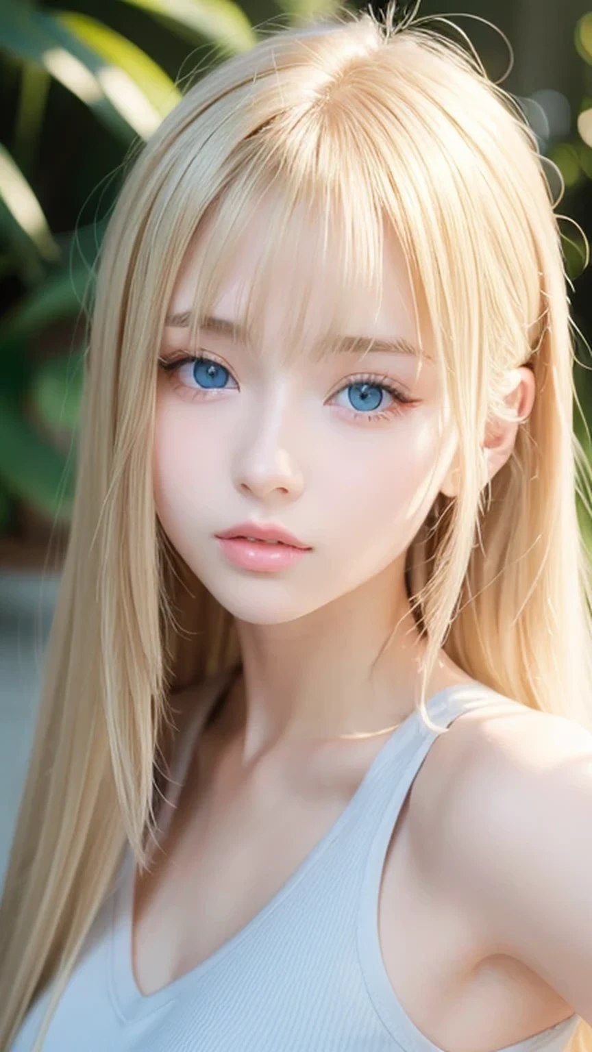 Super long straight silky blonde hair、Bangs hanging over the eyes、bangs on the face、A woman with beautiful, bright, large blue eyes is taking a photo, gorgeous young beautiful model, Portrait of Sophie Mudd, Beautiful female model, cute young beautiful girl, Portrait of a beautiful model, Beautiful Woman Photos, Perfect Face, 16 year old beautiful girl model, Beautiful young face, Blonde beautiful girl、Small Face Beauty、Round face、Tshirt、Ample Bust