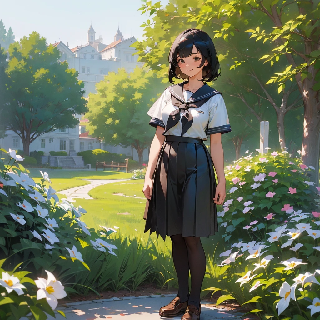 (Highest quality, High resolution, Super detailed, Realistic:1.37), Peaceful atmosphere, (Outdoor, garden), age girl standing alone,(my breasts are big.),Beautifully detailed features, Cute Smile, ((Black bob hair)),Short-sleeved sailor uniform, Pleated skirt,Black tights,Brown leather shoes.