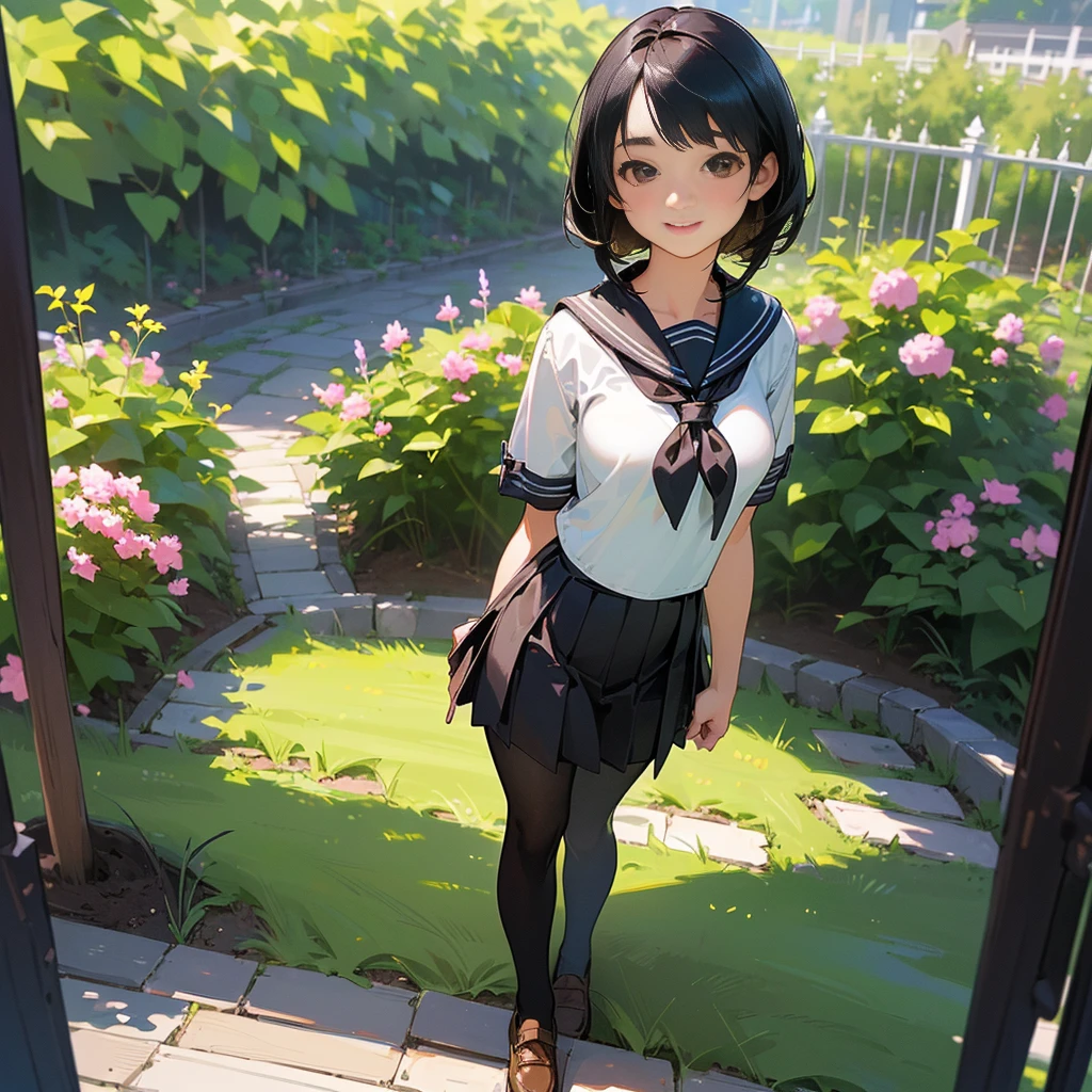 (Highest quality, High resolution, Super detailed, Realistic:1.37), Peaceful atmosphere, (Outdoor, garden), Teenage girl standing alone,(my breasts are big.),Beautifully detailed features, Cute Smile, ((Black bob hair)),Short-sleeved sailor uniform, Pleated skirt,Black tights,Brown leather shoes.