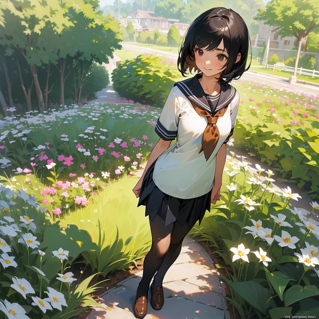 (Highest quality, High resolution, Super detailed, Realistic:1.37), Peaceful atmosphere, (Outdoor, garden), Teenage girl standing alone,(my breasts are big.),Beautifully detailed features, Cute Smile, ((Black bob hair)),Short-sleeved sailor uniform, Pleated skirt,Black tights,Brown leather shoes.