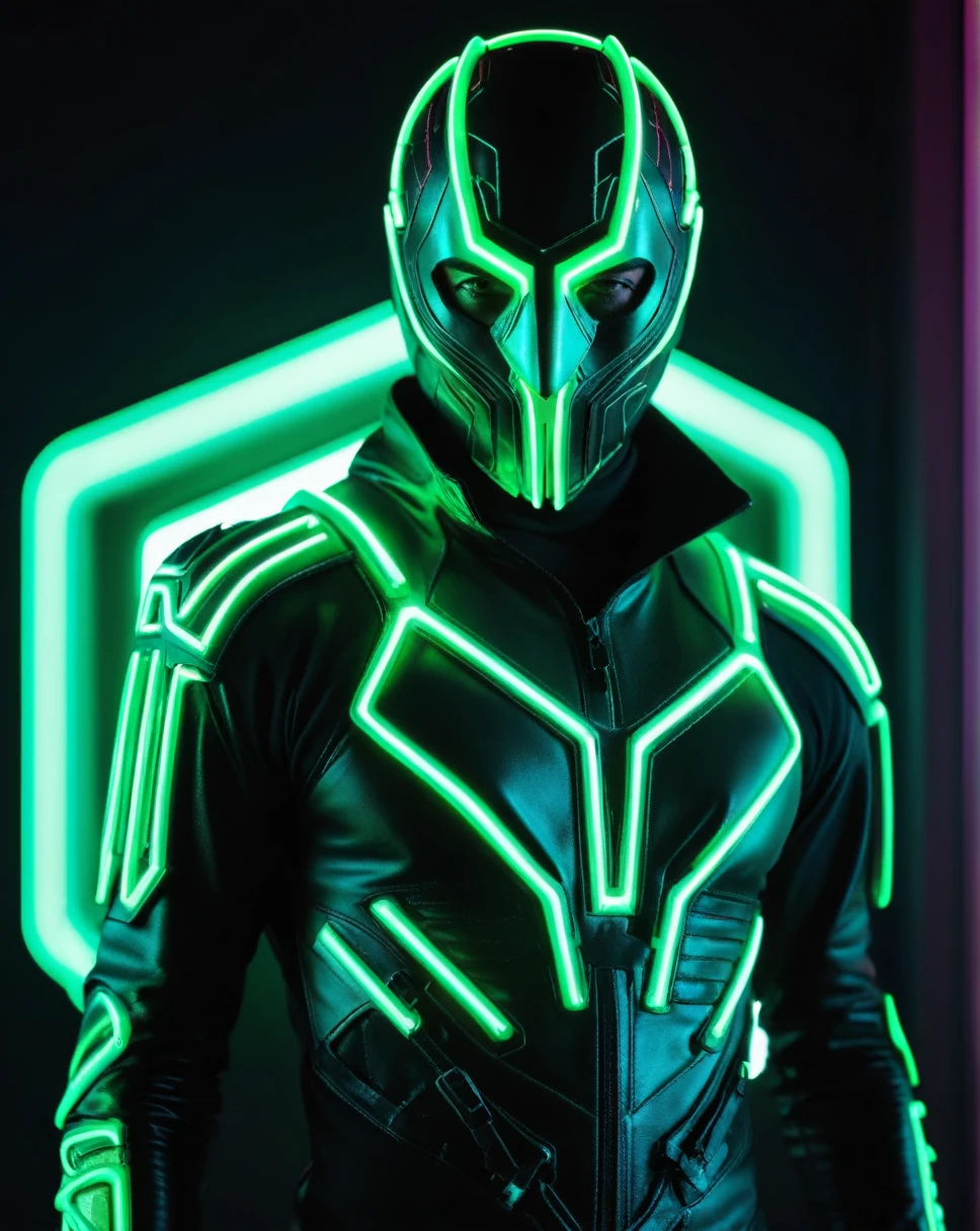 whole body (portraite:0.7) Photograph of (masked man:1.1) (green neon futuristic mascara:1.2) (armored:0.7) , (dressed:1.1), (detailded:1.1), (marvel type:1.1), (nevoa verde neon:1.1), (nome ´ICE FRAMER` On the chest:1.1), cinematic lighting, perfect composition, chic, no crop, 4K, sharp focus, work of art, contra-luz, cinematic, cyber punk, photorrealistic, Blade runner, Action, moody lighting
