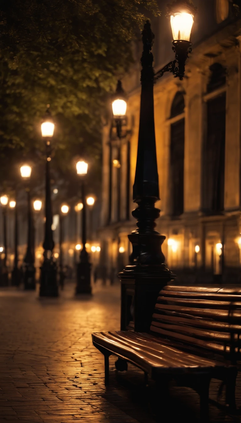 scenario, square, benches, lampposts, illuminated night