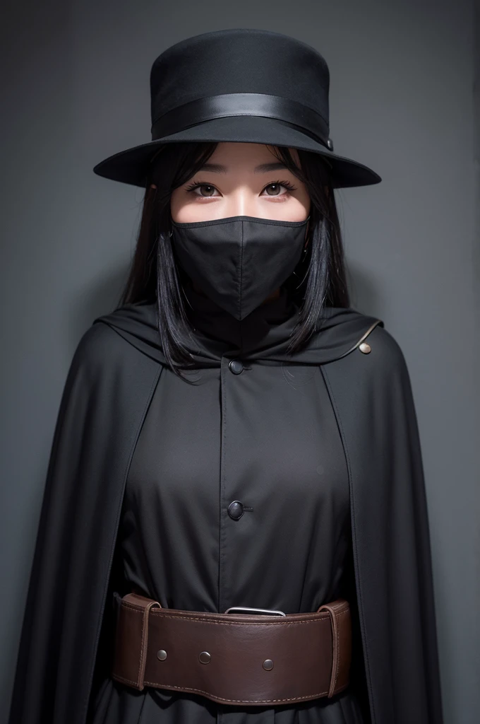 Make a night watchman with a hat, cape and tactical costume. on your face, make a plain black mask covering your entire face.