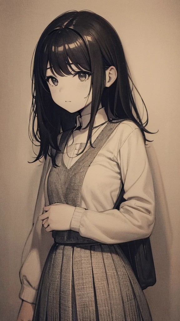 One Girl,Line art,Monochrome,sketch,Pencil drawing,Traditional Media,One Girl, skirt,Cute age Girls, ,Beautiful portrait、Delicate body、Black Hair、Black Hair,landscape