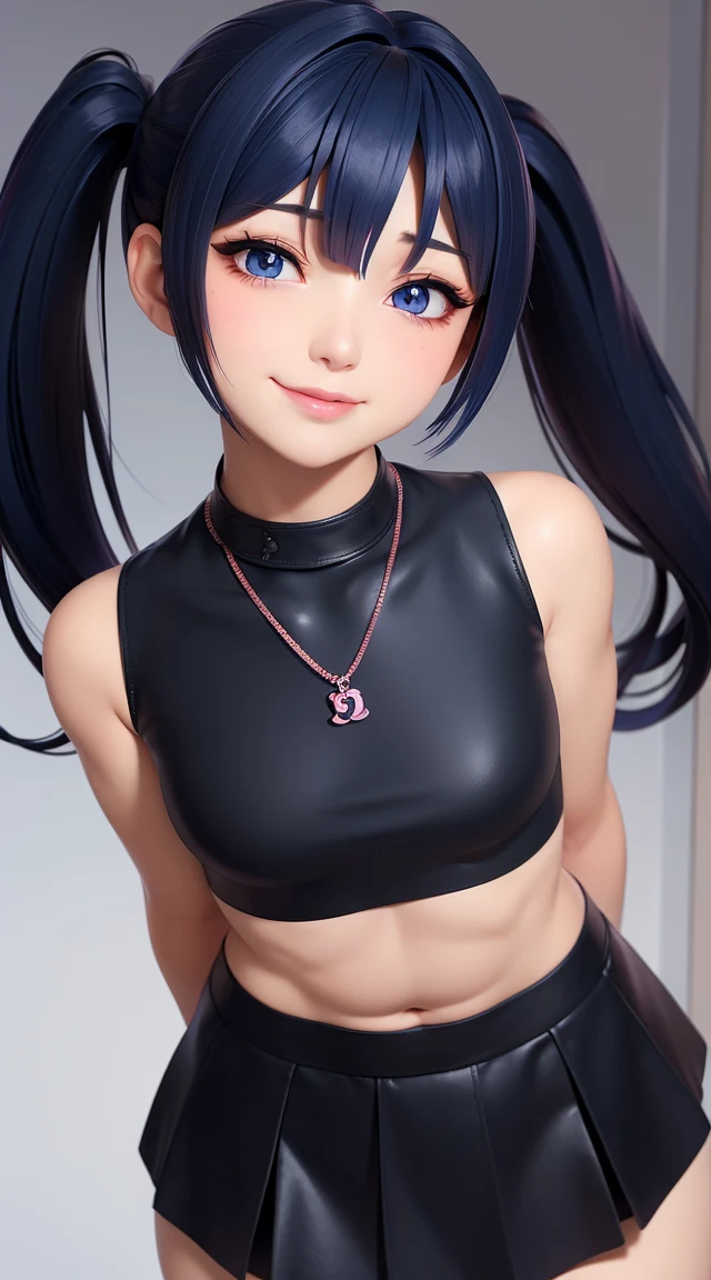  (masterpiece:1.3), (Best Quality:1.3), (Ultra-detailed:1.2), ((kawaii)), Cute, (lovely), ((sexy)), ((Extremely detailed)), 4K, (8K), Best Quality, (Beautiful), Illustration, anime style, (bold line:1.2), Gradation, looking at viewer, //, (bent down:1.1), (arms behind back), //, a cute girl, 1girl, (solo:1.2), gleaming skin, //, (flat chested), (Perfect eyes:1.2), (Perfect iris:1.2), //, darkblue hair color, (beautiful eyes) //, (half closed eyes:1.3), (sexual expression:1.2), Fascinated expression, smile, (blush:1.2), //, modern city background, on rock, twin tails, muscle girl, hard abs, exposed abs, NECKLACE, tight blouse, skirt
