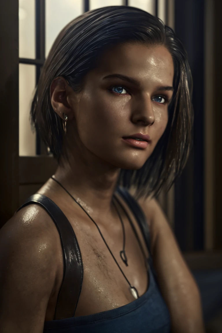 a masterpiece portrait of jill valentine from re3 remake, beautiful detailed blue eyes, detailed brown hair in long bob hairstyle, oval face, woman sitting on a bed looking out the window of a city, dirt stains, (best quality,4k,8k,highres,masterpiece:1.2),ultra-detailed,(realistic,photorealistic,photo-realistic:1.37),HDR,UHD,studio lighting,ultra-fine painting,sharp focus,physically-based rendering,extreme detail description,professional,vivid colors,bokeh, bangs straight behind the ear:1.1, frontal pose, white skin , medium body shot, 