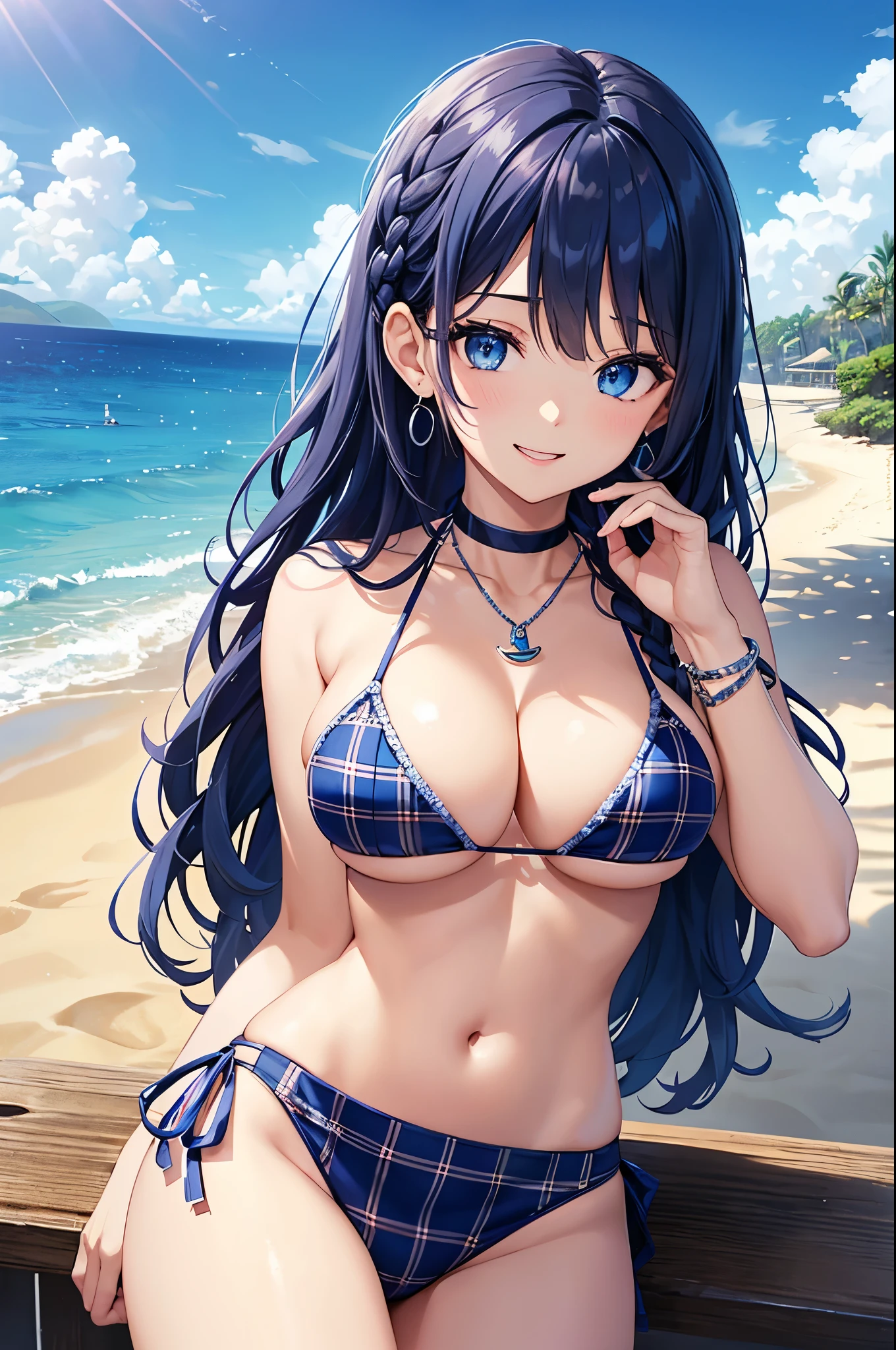 Highest quality、Highest quality、masterpiece、(8K),beauty(Age 25)、Navy blue long hair(Braiding of the sides)、blue eyes、Sexy Bikini(Plaid)、Big cleavage、(Big Breasts)、smile、blue necklace、Blue Earrings、background(Beach)、Please open your mouth wide、bracelet、Arch Pose、Blue choker