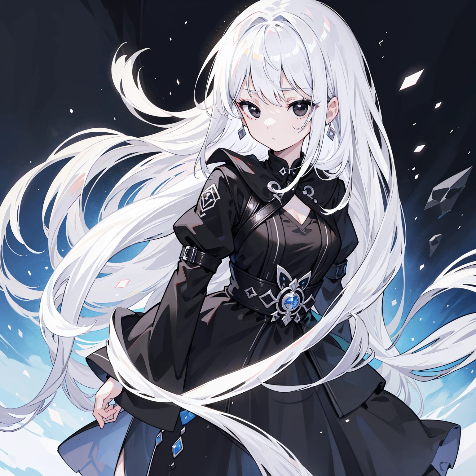 (Top image quality)、(Ultra Detailed)、(Facing forward)、top quality、masterpiece、(((1 girl)))、Silver Hair、white hair、((Long hair))、(black eyes:1.6)、
