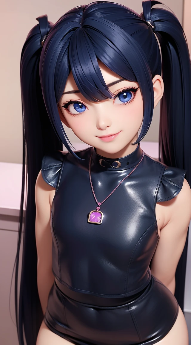  (masterpiece:1.3), (Best Quality:1.3), (Ultra-detailed:1.2), ((kawaii)), Cute, (lovely), ((sexy)), ((Extremely detailed)), 4K, (8K), Best Quality, (Beautiful), Illustration, anime style, (bold line:1.2), Gradation, looking at viewer, //, (bent down:1.1), (arms behind back), //, a cute girl, 1girl, (solo:1.2), gleaming skin, //, (flat chested), (Perfect eyes:1.2), (Perfect iris:1.2), //, darkblue hair color, (beautiful eyes) //, (half closed eyes:1.3), (sexual expression:1.2), Fascinated expression, smile, (blush:1.2), //, modern city background, on rock, twin tails, muscle girl, hard abs, exposed abs, NECKLACE, tight blouse, skirt