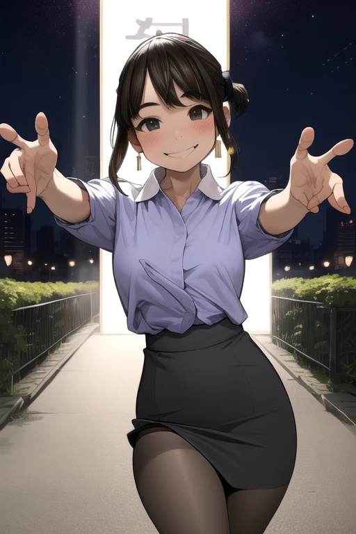 Very detailed, high quality:1.5, masterpiece, beautiful, Film Portraits,((dark)),((douki-chan)),short ponytail,office lady,blue shirt,high-waist skirt,pencil skirt,pantyhose,jewelry,earrings,(((Tilt  head))),The hug is coming, incoming kiss, Spread your hands,((Squint your eyes)),(((Station platform))),Nobody is here,Station platform,night,Flushing of cheeks,(((smile))),dark照明,Shiny legs,