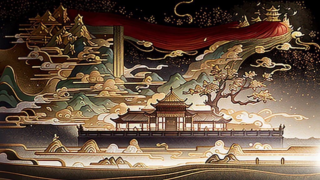 Gold leaf art、ancient chinese painting, ancient chinese background, Mountain々, Rivers, Auspicious clouds, Pavilion, sunlight, masterpiece, Super detailed, A magnificent composition, Ultra HD, high quality, Very detailed, Official Art, Unified 8k wallpaper, Super detailed, 32k -- V 6