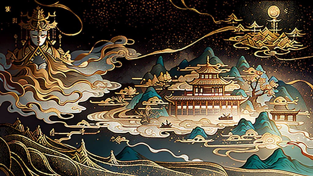 Gold leaf art、ancient chinese painting, ancient chinese background, Mountain々, Rivers, Auspicious clouds, Pavilion, sunlight, masterpiece, Super detailed, A magnificent composition, Ultra HD, high quality, Very detailed, Official Art, Unified 8k wallpaper, Super detailed, 32k -- V 6
