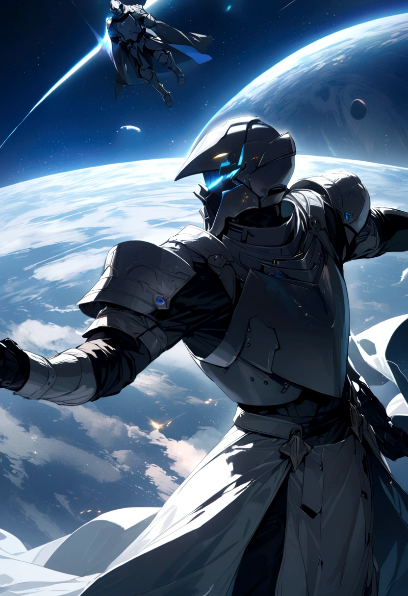 2man, knights armor, military uniform, 2 man fighting in space, fighting scene, view from afar, 