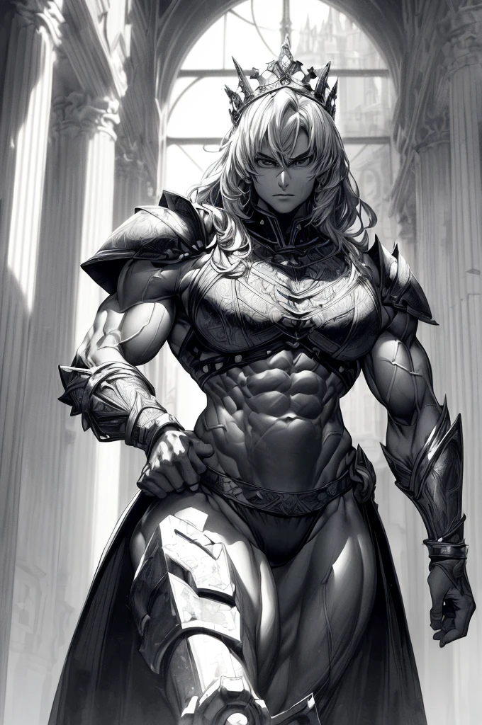 (Best lighting) , (Very intricate details) , 4K Integration, (Super fine CG: 1.2) , (8K: 1.2),(original), (masterpiece) , (Highest quality),(masterpiece:1.4),((Color ima(Monochrome images:-1)Anime-ish high quality,(masterpiece),masterpiece, Highest quality, Absurd,((Masterpiece, 4K, 8K, High resolution)),(masterpiece), (Highest quality), (Super detailed), (Very delicate and beautiful), ((Cowboy Shot)), 1 female,
((bodybuilder:1.5)),Temple Background,((Beautiful woman)),((Woman warrior)),(((Full body image:1))),from frontknight girl,Brave and resolute attitude,((Metal armor)),(Plate Mail),(Metal armor shaped like pectoral and abdominal muscles)、Metal Reflection,Castle Background,medieval setting,Soft sunlight,Fluttering Cloak、Brave pose,Strength and elegance,Solemn atmosphere,Powerful aura,The Queen's Appearance、Determined jawline,((Queen of muscle mass surpassing that of men))、Huge muscular physique,Protruding veins,Strong arms with bulging biceps、Six-pack、Muscular々Legs、Overflowing with incredible strength、Graceful Movement,A commanding presence,Poses that show off their monstrous power,Dynamic configuration,Vibrant colors,Perfect balance,Light and shadow contrast,Down to the smallest thread,Sharpen highlights and shadows,Impressive level textures,Sharp focus,Rich and realistic backgrounds,Magnificence and grandeur,Heroine of the Kingdom,Legendary Warrior,Inspiring and majestic,Dignified and fierce,Guardian of the kingdom,Unstoppable courage,Divine Destiny,Indomitable spirit,Unforgettable beauty,Unwavering Strength,The Queen's Intimidation、