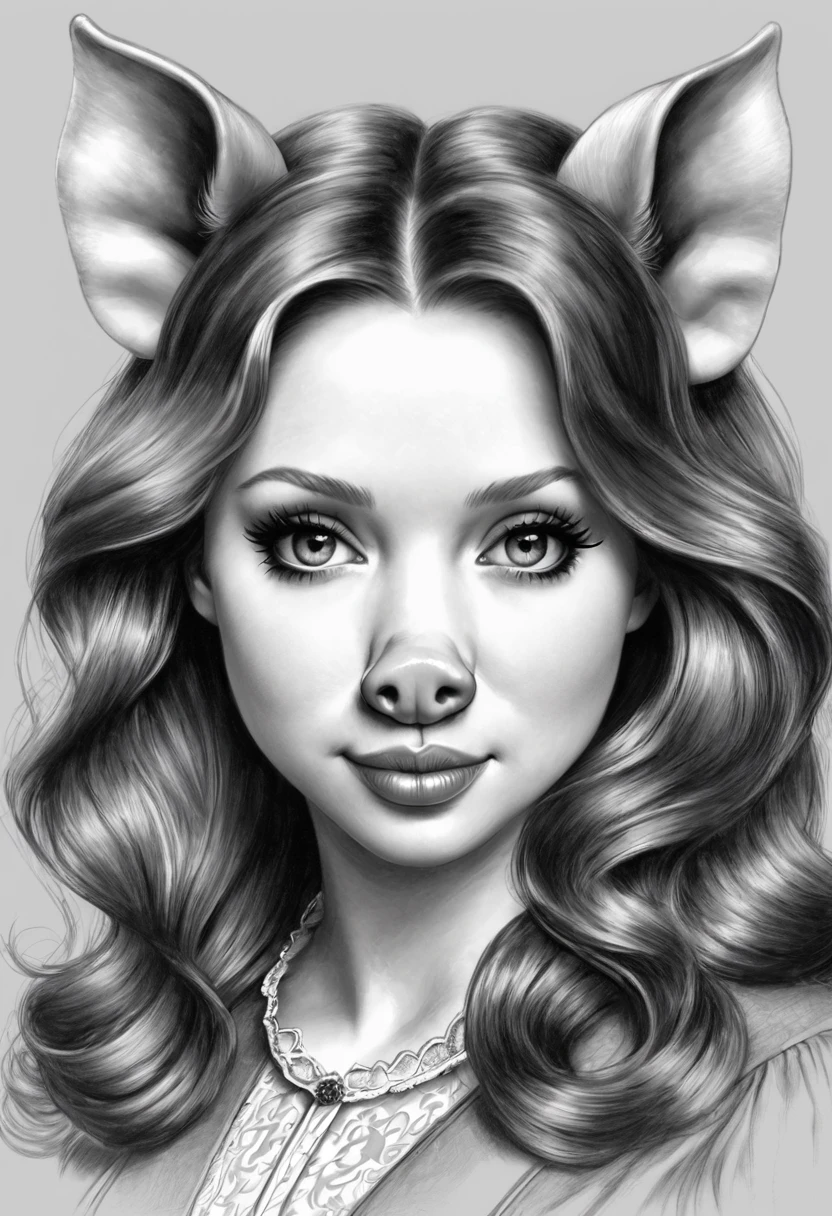 A pencil sketch of a beautiful victorian pig woman. (large pig ear, pig nose) who is a mash up of Molly Quinn, Scarlett Johanson and Alison Brie. snout like nose.