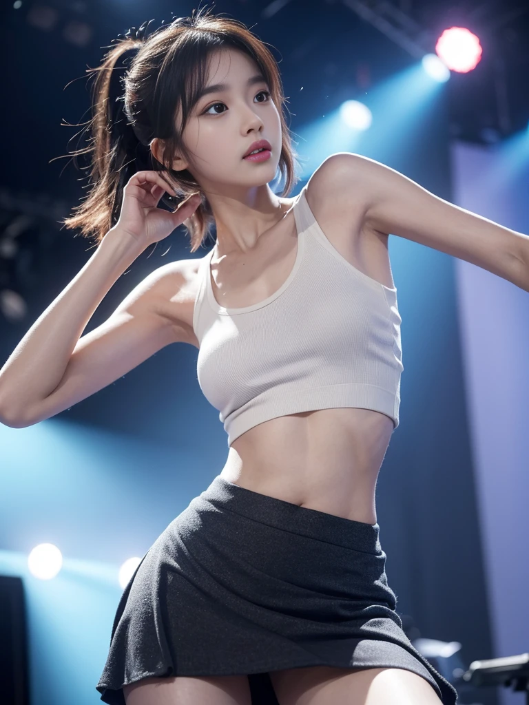 (Photorealistic),(Masterpiece),(ultra-detailed),a close shot of very pretty tall but very malnourished and feeble and almost skin and bones,have no fat,extremely small head,extremely thin and slim thighs and legs thinner than sticks,wearing a loose skirt and a tank top,171cm and 37kg,performing on a stage,20 year old idol member girl, has eaten almost nothing for a month due to how busy she is, somehow staying bright despite being extremely exhausted and hungry, feels like she could faint instantly but stays bright for her fans