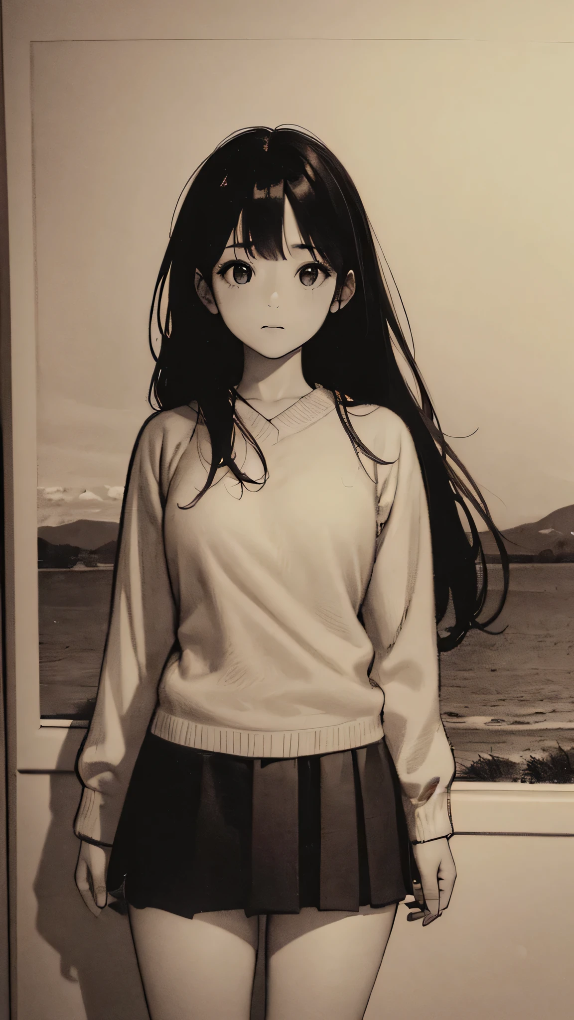 One Girl,Line art,Monochrome,sketch,Pencil drawing,Traditional Media,One Girl, skirt,Cute age Girls, ,Beautiful portrait、Delicate body、Black Hair、Black Hair,landscape
