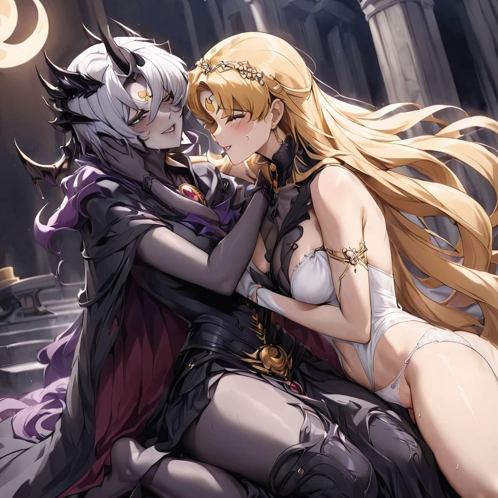 ((Highest quality)), ((masterpiece)), (detailed), (Perfect Face)、The woman is a dark queen with a black inverted crescent moon mark on her forehead, wearing a gorgeous, glittering black Gothic Victorian dress, a black veil, and a black see-through cape, as well as luxurious jeweled accessories.、The man is Demand, the dignified, evil, and powerful silver-haired demon king.、The Demon King of the Black Moon and the Dark Queen of the Black Moon in love、The woman is Black Serenity, the noble dark queen of the Black Moon clan and has blonde hair.2The woman with long hair tied up is Princess Serenity、The woman embraces the strong and evil demon king, kisses him as a vow, takes off her underwear in the temple of the black moon, joins their genitals, and has sex in the missionary position, with the man ejaculating a large amount from his genitals.、A large amount of semen oozing out of the joined genitals、The woman is a dark queen with a black inverted crescent moon mark on her forehead, wearing a gorgeous, glittering black Gothic Victorian dress, a black veil, and a black see-through cape, as well as luxurious jeweled accessories.で幸せそうな表情の漆黒のプリンセスセレニティで恋する乙女の表情、A woman and a strong, evil demon king man are embracing the dark bride woman, kissing her vows and getting married.、The man is a strong and evil demon king who embraces the woman, kisses her in oath, and has sex with her in the Temple of the Black Moon.、A couple having sex in love