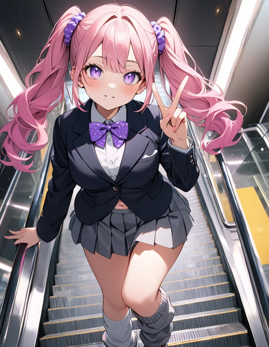 (8K, best quality, master piece: 1.2), super high resolution,1 girl,yo,solo,1ultra-detailed face,detailed eyes,perfect hands, perfect fingers,sparkling pupils,Mascara,Bubblegum Pink hair,natural wave hair,twintails,amethyst Eyes,(scrunchie,blazer,Short pleated skirt),(gray:1.5),navel,polka-dot pattern bow tie,smaile,medium breasts,((loose socks)),(making a peace sign),リムライト,standing on a down escalator,Look at Viewer