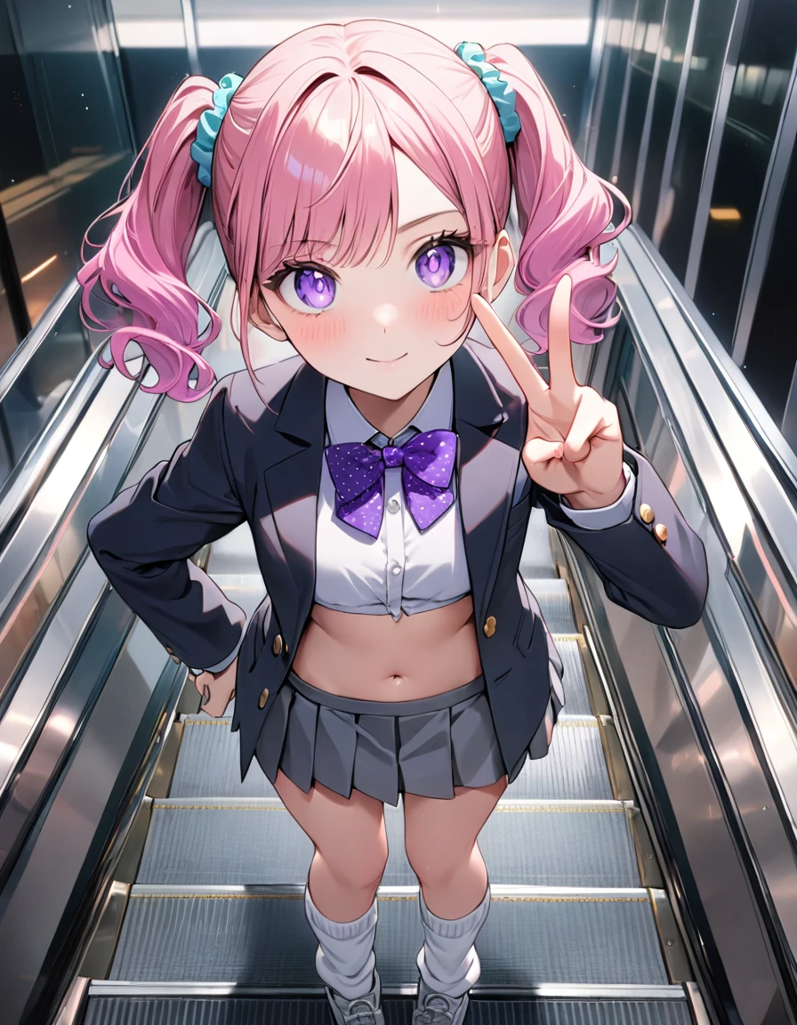(8K, best quality, master piece: 1.2), super high resolution,1 girl,16yo,solo,1ultra-detailed face,detailed eyes,perfect hands, perfect fingers,sparkling pupils,Mascara,Bubblegum Pink hair,natural wave hair,twintails,amethyst Eyes,(scrunchie,blazer,Short pleated skirt),(gray:1.5),navel,polka-dot pattern bow tie,smaile,medium breasts,((loose socks)),(making a peace sign),リムライト,standing on a down escalator,Look at Viewer