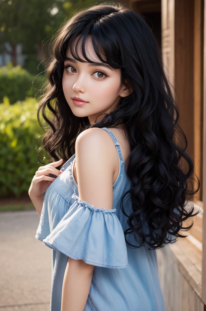 Woman with black curly hair, fair skin and pixar-style eyes, 24 years old