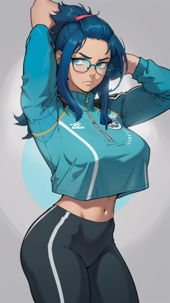 Highly detailed, 1 girl, dark cyan colored hair, Bangs pinned back, busty, training clothes, oval glasses, strong, serious expression, warm up pose