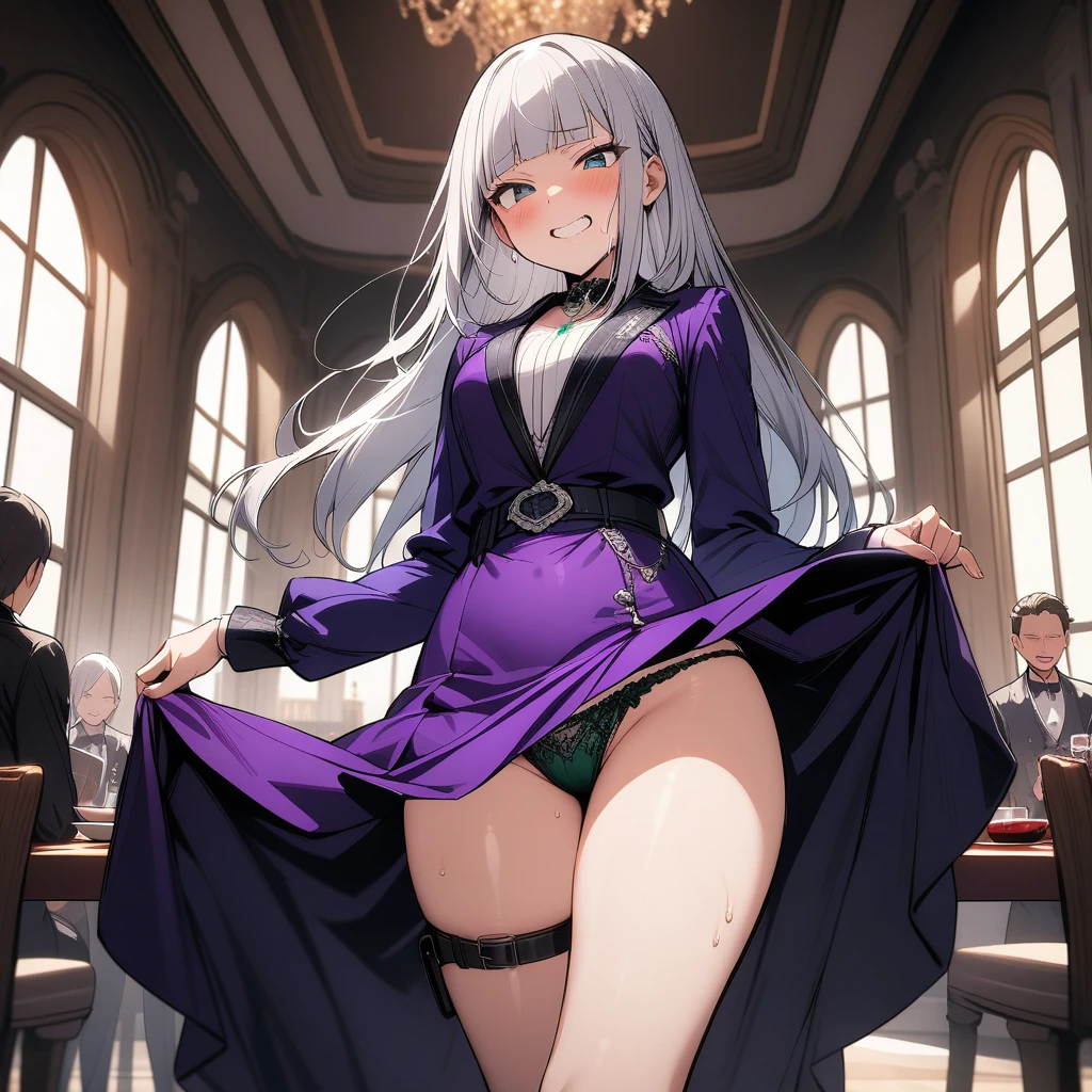 (masterpiece),(best quality),very aesthetic,(ultra-detailed),(illustration),nsfw,1girl,,slender,long hair,silver hair,straight hair,(blunt bangs),dark blue alluring eyes,(annoyed:0.8),grin,sweat,wine glass,drunk,(skirt hold),bows lightly,crossed legs,standing,(head tilt:0.5),Gorgeously carved stone walls,An elegant and sophisticated outfit perfect for a party, featuring a purple velvet dress with green lace accents,long sleeves,Silver necklace with embedded emerald gemstone,toxic dark green lace panties,Guest house of Western aristocracy,Luxurious and spacious halls,High ceiling,table,A sumptuous meal is laid out on tables,cowboy shot,pantyshot,crowded with Mob Western aristocrats chatting with each other,(a belt around thigh, Knife strapped to thigh belt)