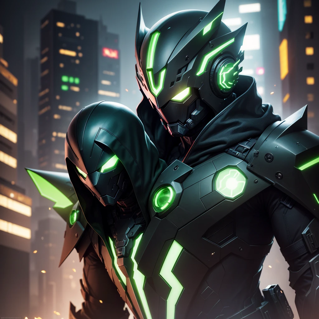 charachter, mascle, hooded, cyber punk, green neon, mask (armored:0.7) , (dressed:1.1), (detailded:1.1), (marvel type:1.1), (nevoa verde neon:1.1), (cabelo black:1.1), cinematic lighting, perfect composition, chic, no crop, 4K, sharp focus, work of art, contra-luz, cinematic, cyber punk, photorrealistic, Blade runner, Action, moody lighting