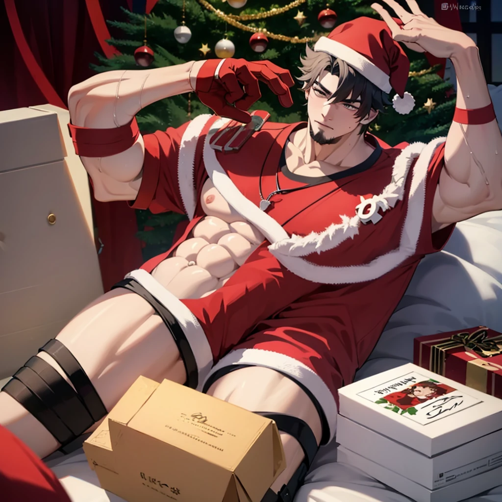 a man in a santa hat laying on a bed, santa, by Pu Hua, by Lü Ji, masculine muscular figure, christmas, muscular masculine figure, santa claus, sexy masculine, muscular man, muscular men, korean artist, manhwa, wearing santa hat, festive, muscular male, sitting on santa, masayoshi suto and artgerm, pan ren wei, ful calidad, 4k, ful HD, calidad de cine, calidad alta