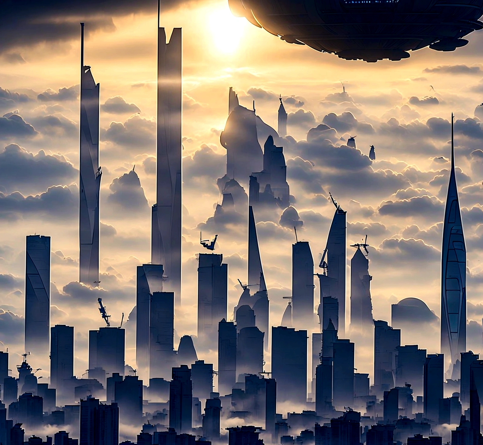 Science fiction scene: Aliens ((very similar to humans)) arriving on planet Earth. In the sky, a gigantic mothership ((1km long, 100 meters high and 300 meters wide,)) surrounded by smaller spacecraft, flying over the city of São Paulo, brazil