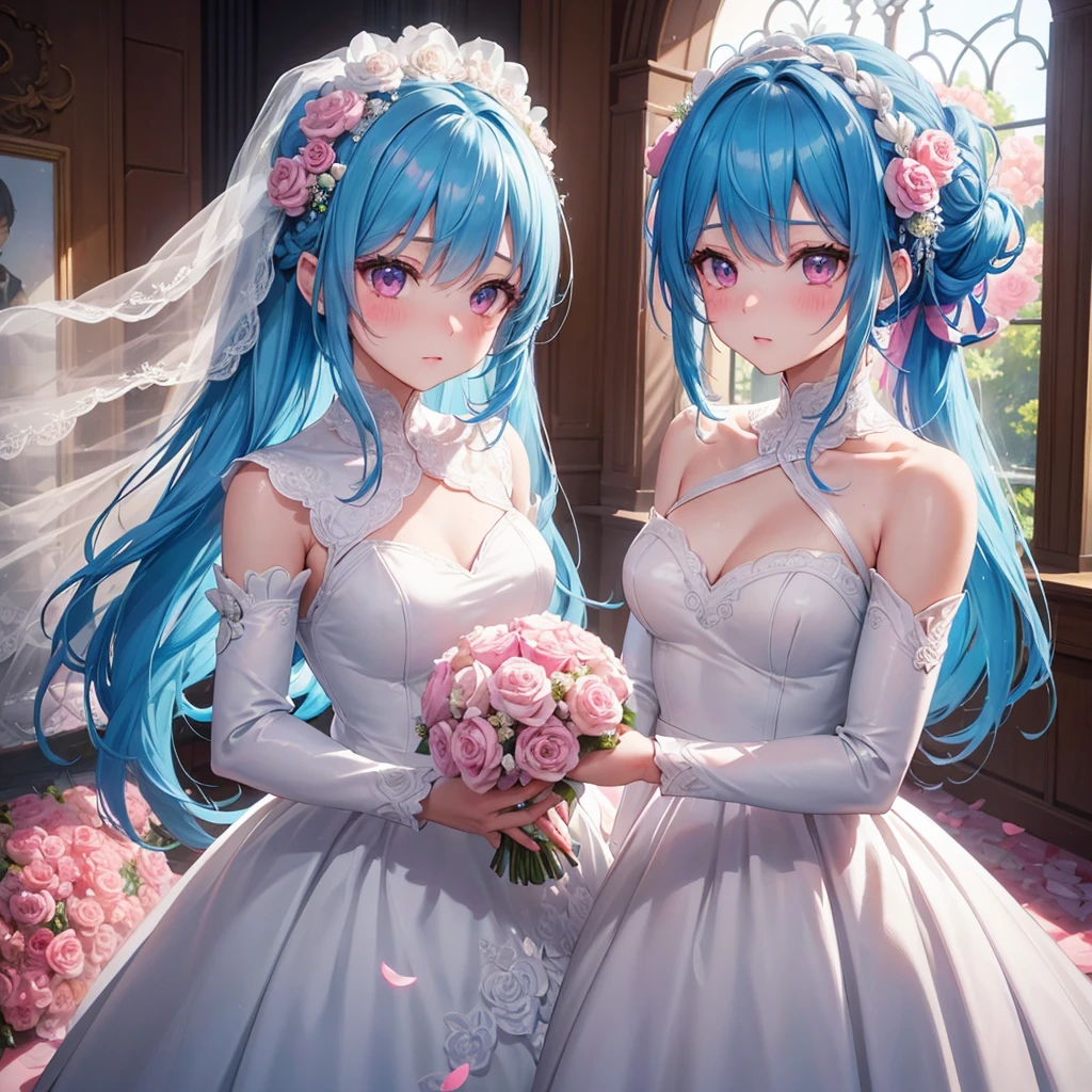 Sky blue hair, (Braided Ponytail),(Pink Eyes),Fair skin ,(whole body),(One girl),bride,blush,Straight bangs, 6月のbride,Wedding dress,(masterpiece, Highest quality, Very detailed, Best Shadow), (Detailed Background), (Beautifully detailed face), High Contrast, (Best lighting, Very delicate and beautiful), ((Cinematic Light)), colorful, Hyper Detail, Dramatic Light, Intricate details,Wedding hall,Chapel,Bouquet of roses