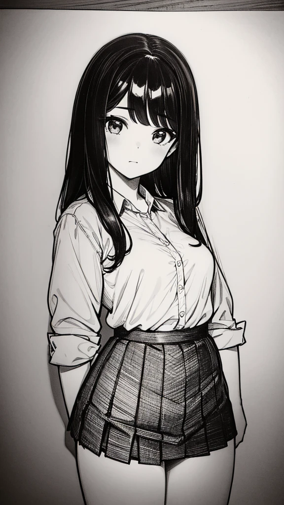 One Girl,Line art,Monochrome,sketch,Pencil drawing,Traditional Media,One Girl, skirt,Cute age Girls, ,Beautiful portrait、Delicate body、Black Hair、Black Hair,landscape