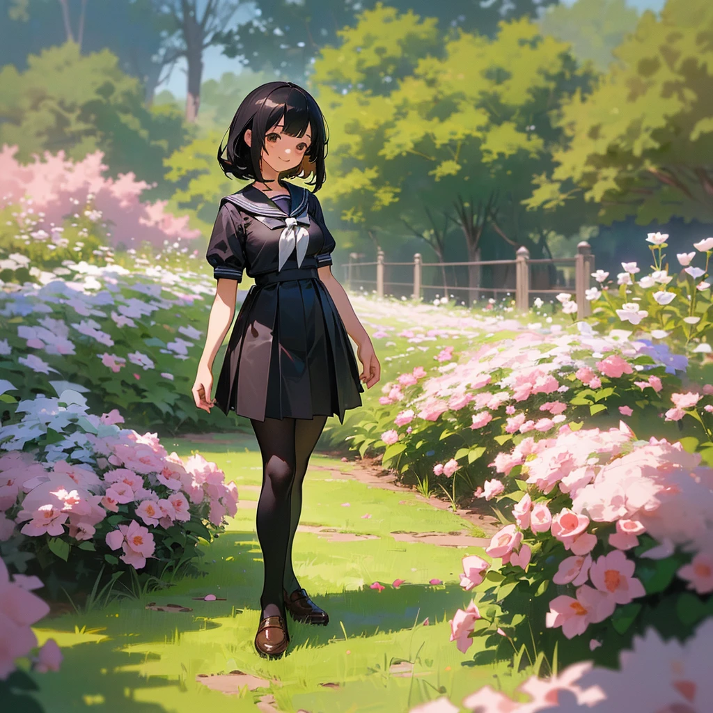 (Highest quality, High resolution, Super detailed, Realistic:1.37), Peaceful atmosphere, (Outdoor, garden), Teenage girl standing alone,(my breasts are big.),Beautifully detailed features, Cute Smile, ((Black bob hair)),Short-sleeved sailor uniform, Pleated skirt,Black tights,Brown leather shoes.