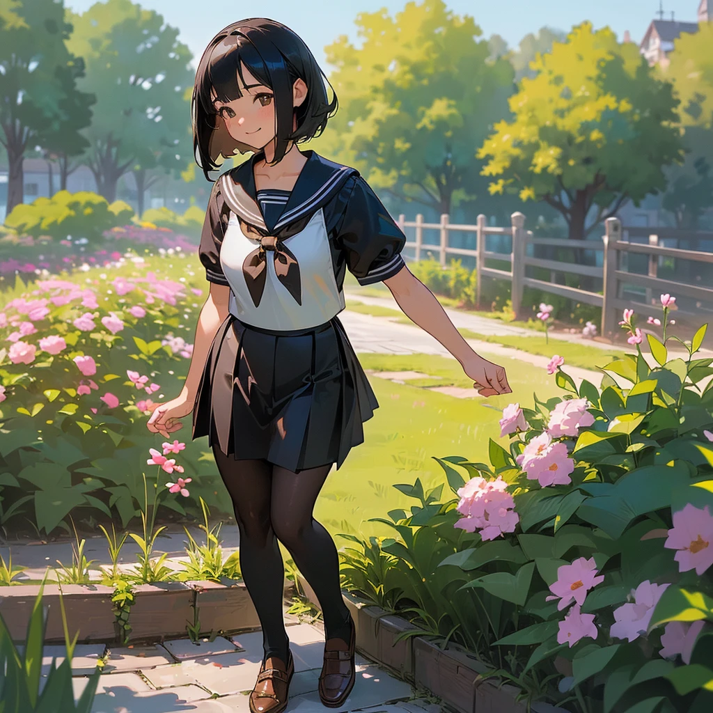 (Highest quality, High resolution, Super detailed, Realistic:1.37), Peaceful atmosphere, (Outdoor, garden), Teenage girl standing alone,(my breasts are big.),Beautifully detailed features, Cute Smile, ((Black bob hair)),Short-sleeved sailor uniform, Pleated skirt,Black tights,Brown leather shoes.