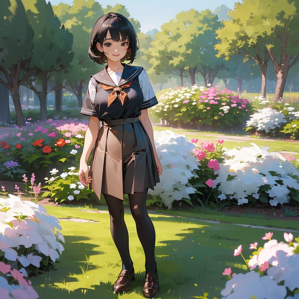 (Highest quality, High resolution, Super detailed, Realistic:1.37), Peaceful atmosphere, (Outdoor, garden), age girl standing alone,(my breasts are big.),Beautifully detailed features, Cute Smile, ((Black bob hair)),Short-sleeved sailor uniform, Pleated skirt,Black tights,Brown leather shoes.