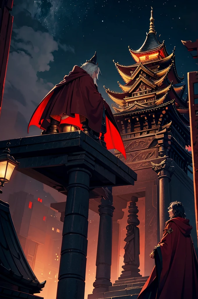 the evil wizard with the red cloak is at the top of the temple at night