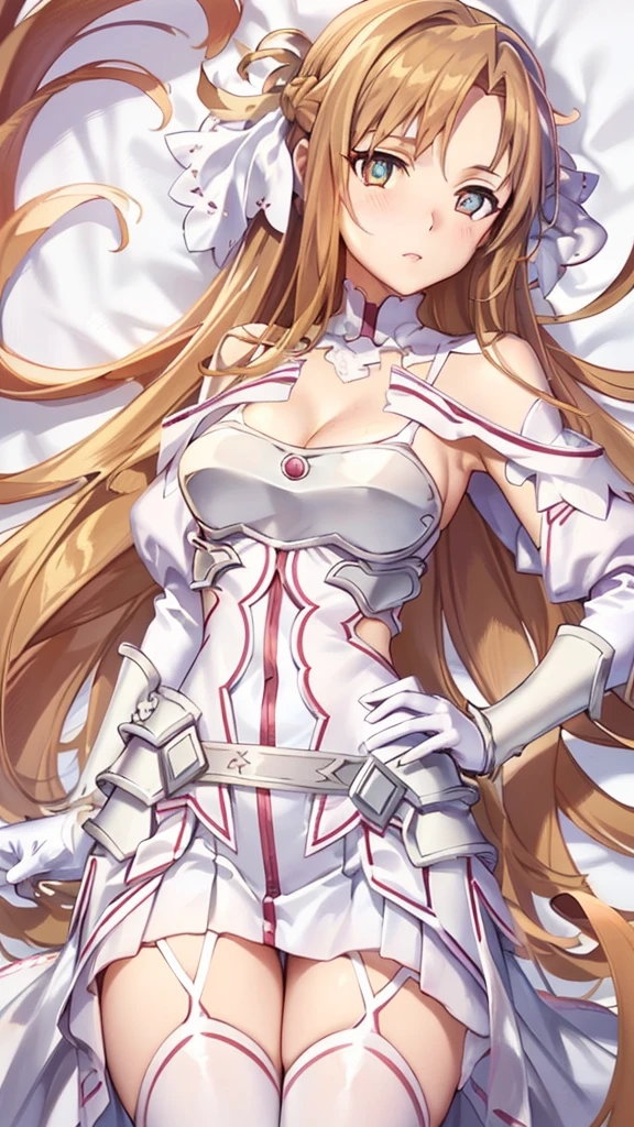 {{{masterpiece}}}, {{{best quality}}}, {{ultra-detailed}}, {illustration}, {{an extremely delicate and beautiful}}, (beautiful detailed eyes:1.6), extremely detailed face, 8k, anime face, asuna (Goddess of Creation Stacia), stacia, staciansfw, cute face, Long hair, Bangs ,Detailed eyes, orange hair, brown eyes, very long hair, medium breasts, thin waist, big hips, curvaceous, Orange leotard, gloves, white dress, (cleavage:1.0), bare shoulders, white gloves, (chest open:1.0), armor, white thighs, white thighhighs, garter straps, white armor, thighs, zettai ryouiki