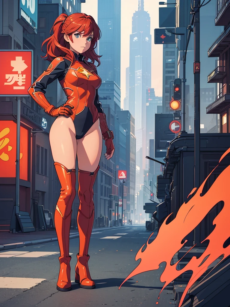 ((Full body photo, standing, feet on the floor))  1girl, medium breasts, leotard, bare legs, tight belt, boots, matching boots, gloves, city backdrop, solo, single, hands on hip, standing, full body shot, cowboy shot, superhero, beautiful detailed eyes, mature lady, star symbol on chest, red hair, high leg leotard