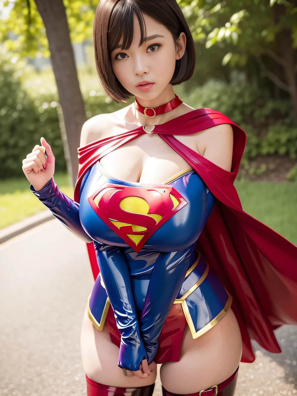 masterpiece、Enamel Supergirl Costume、short hair、Patent leather boots、Big and ample breasts、looking at the camera、choker、Long sleeve、Off the shoulder、mini skirt、Red cloak、Sweaty skin、