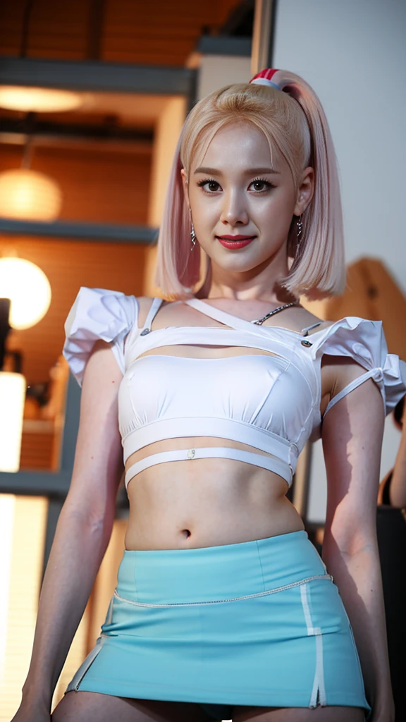 1 kpop star,Pale skin, White crop top, Tight outfit, Large breasts, Wearing far Microskirt, 8K - Top Quality, Knee Shot, ackview, Showing Ass, sexy pose, Hot body