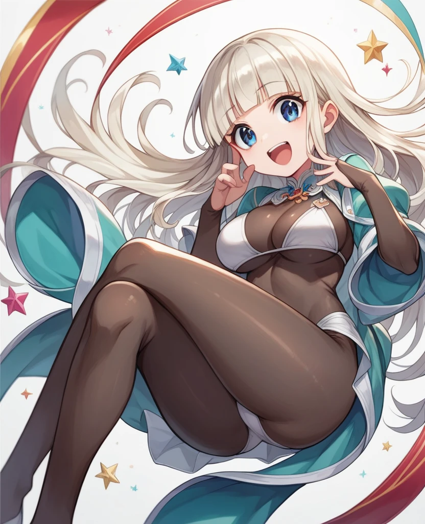 masterpiece, best quality, masterpiece,best quality,official art,extremely detailed CG unity 8k wallpaper, loli, ,( mesugaki), platinum blonde hair, hime_cut, cute face, laughing, large breasts, blue eyes, bikini,bodystocking,ass, uwabaki, crossed_legs,