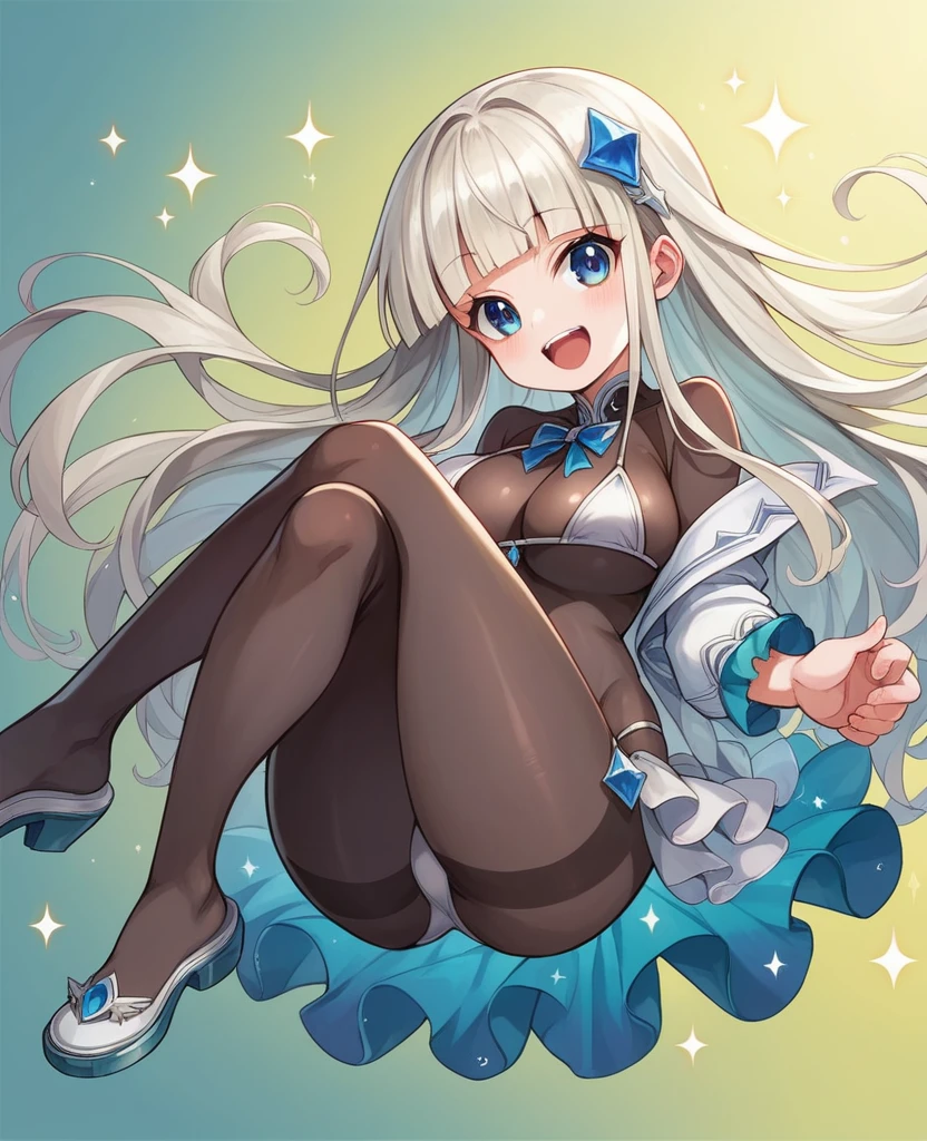 masterpiece, best quality, masterpiece,best quality,official art,extremely detailed CG unity 8k wallpaper, , ,( mesugaki), platinum blonde hair, hime_cut, cute face, laughing, large breasts, blue eyes, bikini,bodystocking,ass, uwabaki, crossed_legs,