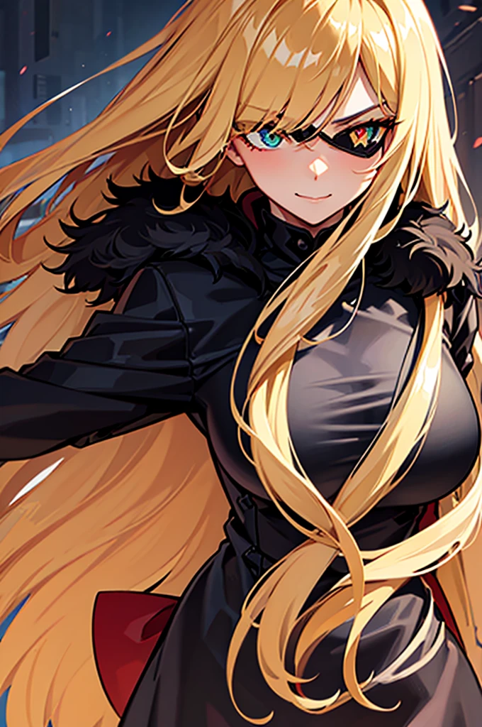 ((masterpiece)), ((best quality)), 1girl, adult, long hair, ((blonde hair)), very long blonde hair, ((intimidant look)), ((close-up)), profile image, green eyes, black and red clothes, sexy, dark colors, brillant eyes, ((coat with fur)), ((wavy hair)), exposed skin, ((sexy pose)), ((intimidant look)), good anatomy, ((dark sage clothes)), ((straight cut bangs)), emotionless, intimidant, ((beautiful eyes)), close up, ((detailed eyes)), beautiful eyes, ((detailed face)), hair bang, frontal look, evil, relaxed, smile, magical goddess othinus, detailed face, eyepatch, full body, ((detailed))