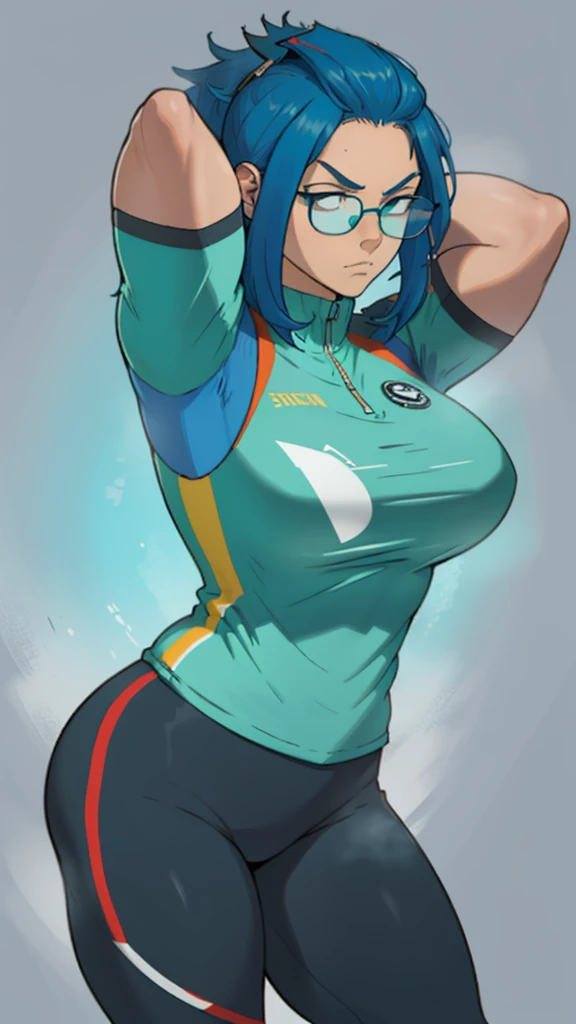 Highly detailed, 1 girl, dark cyan colored hair, Bangs pinned back, busty, training clothes, oval glasses, strong, serious expression, warm up pose