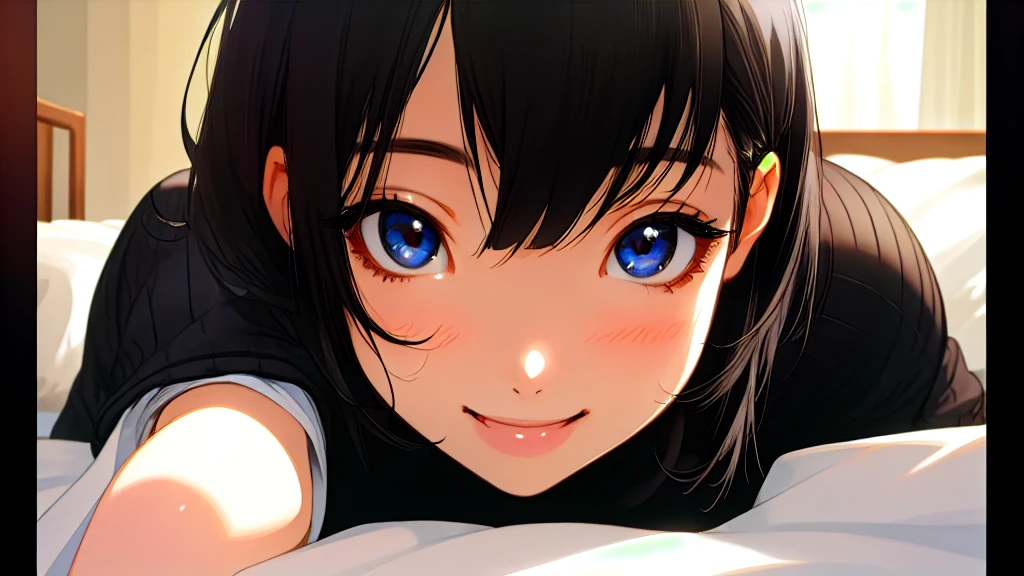 beautiful girl、Black knit、On the bed、Eye highlightasterpiece、high resolution、smile、Black Hair