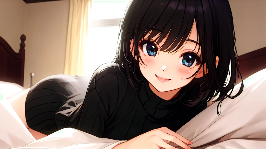 beautiful girl、Black knit、On the bed、Eye highlightasterpiece、high resolution、smile、Black Hair
