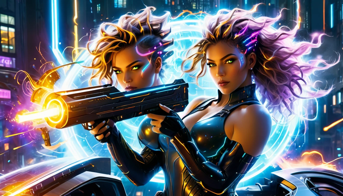 A fierce woman with neon cybernetic implants and wild hair, aiming a futuristic gun out of a high-tech vehicle, surrounded by neon-lit flames and sparks in a cyberpunk cityscape. Ultra realistic photo, vibrant color, 16k