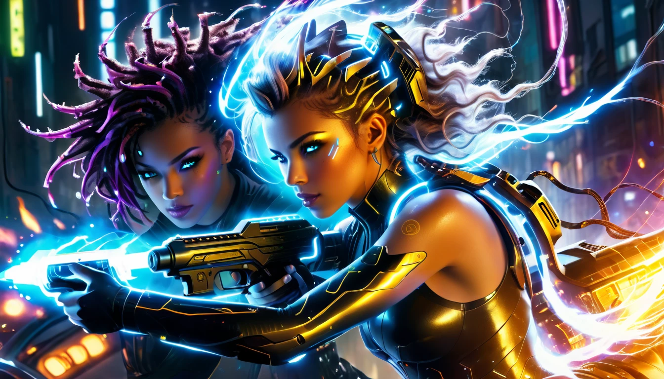A fierce woman with neon cybernetic implants and wild hair, aiming a futuristic gun out of a high-tech vehicle, surrounded by neon-lit flames and sparks in a cyberpunk cityscape. Ultra realistic photo, vibrant color, 16k